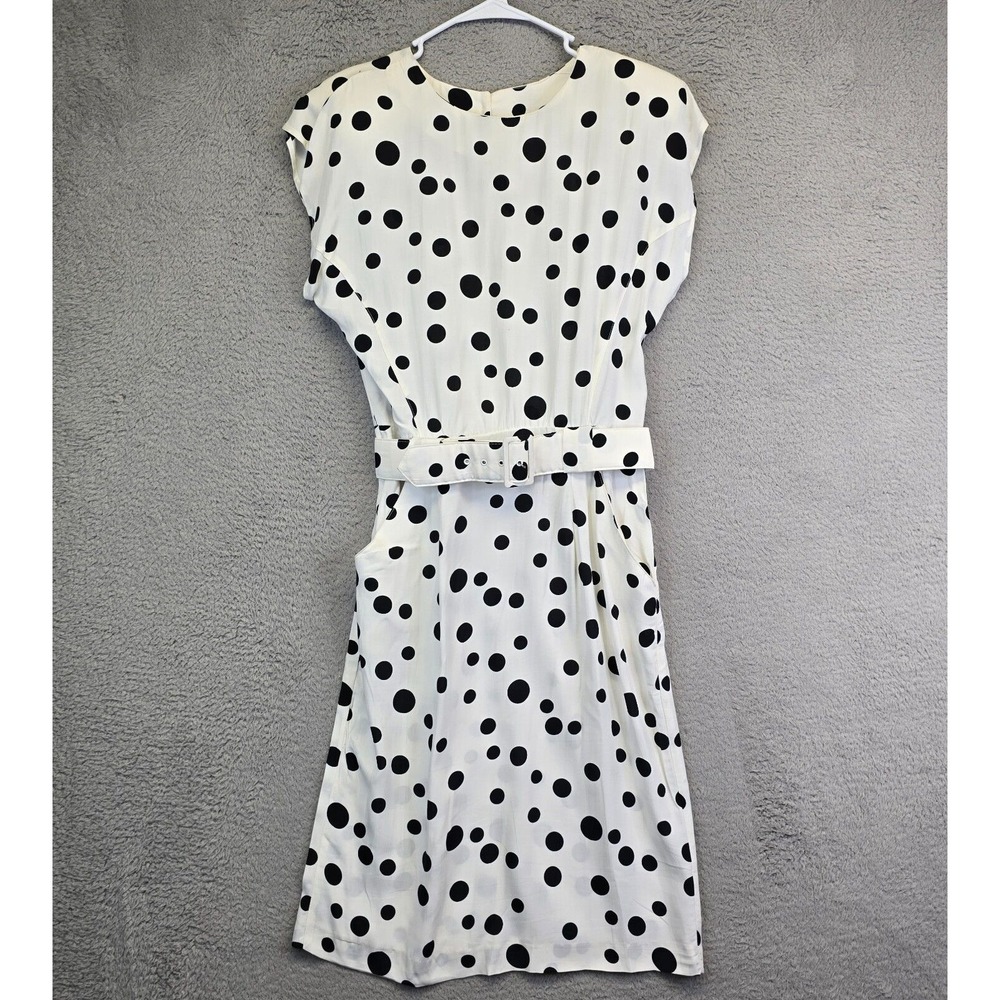Vintage Dawn Joy Dress Womens 13 Fits M White Polka Dot 80s Retro Office Modest - Picture 2 of 16